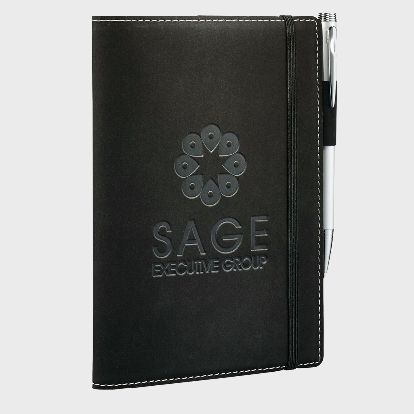 Example of a debossed logo on a black journal