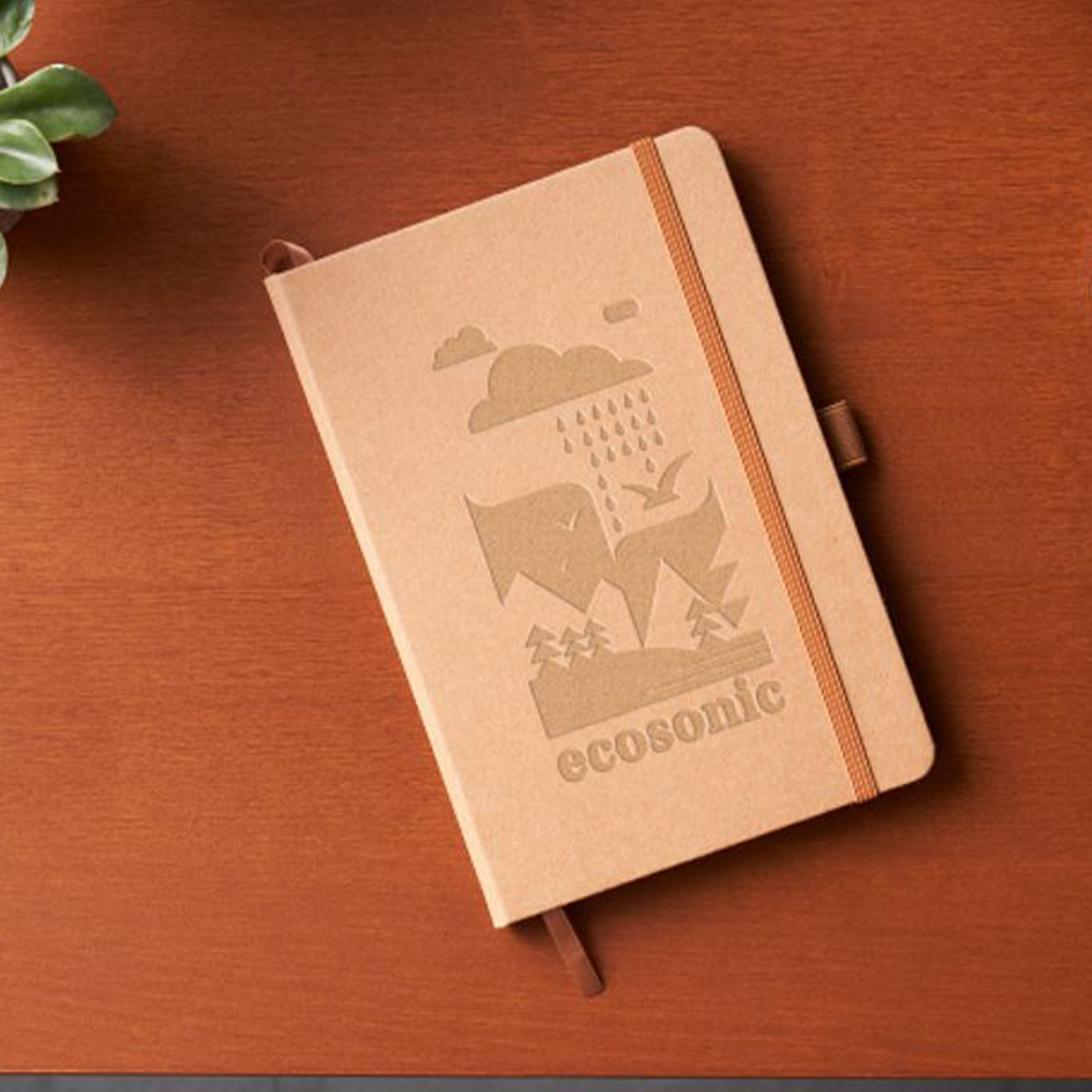 Example of a debossed logo on a brown journal